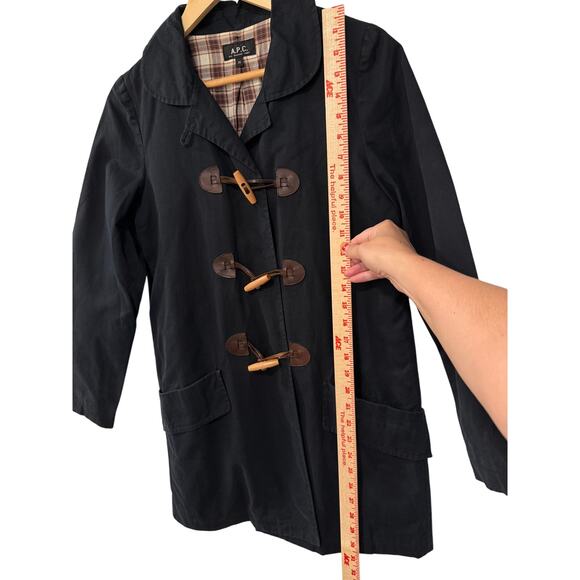 APC Paris S Wax Coated Leather Toggle Duffle Coat $495 Plaid Lined Jacket Black - Picture 8 of 12